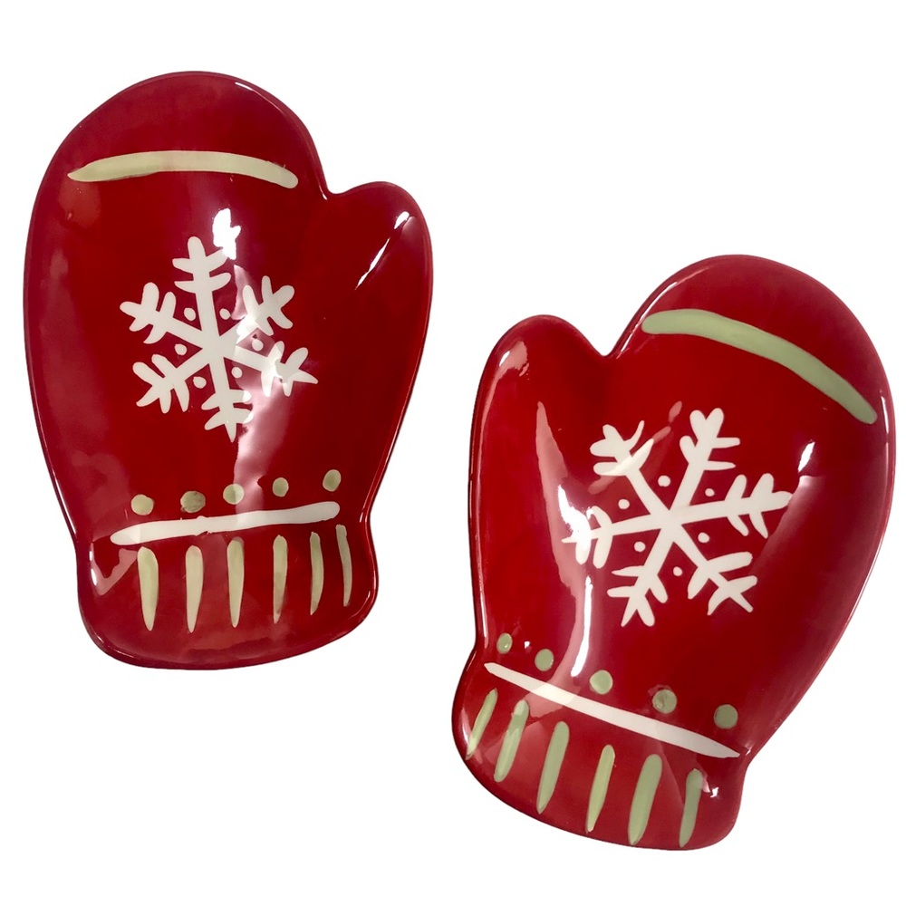 HALLMARK Pair of Christmas Snowflake Red  Mitten Candy Snack Serving Dishes